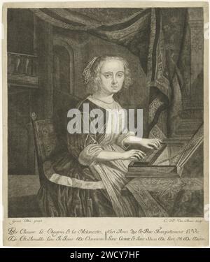 Junge Frau, die das Clavichord spielt, Cornelis-Henricus van Meurs, nach Gerard Dou, ca. 1720 - ca. 1730 Druck Eine junge Frau spielt das Klavichord. Am unteren Rand des Randes ein zwei-Wege-Vers auf Französisch. Nordholländische Papiergravur / Gravur eine Person spielt Keyboard Instrument. Spinet, jungfräulich Stockfoto