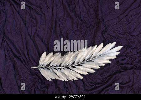 Silbernes Palmenblatt auf violettem Hintergrund. Ash Wednesday-Konzept. Stockfoto