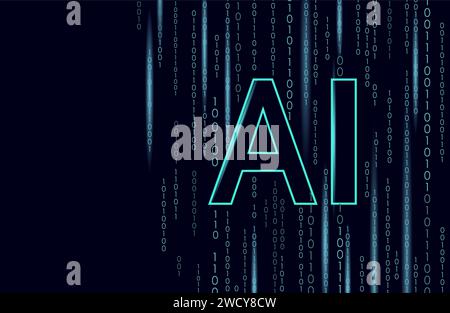 Künstliche Intelligenz KI-Buchstaben Zeichen. Maschinelles Lernen Online-Technologiekonzept auf Cloud-Internet Big Data Flow Binärcode dunkelblauer Vektor illus Stock Vektor