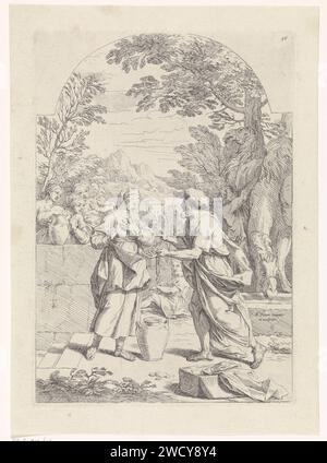 Rebekka und Eliezer bei de Put, Bernard Picart, 1683–1733 Druck Rebekka lässt Eliezer, den Diener Abrahams, aus einem Krug am Brunnen trinken. Seine Kamele rechts im Hintergrund. Oben rechts nummeriert: 56. Rebekah bietet Eliezer einen Drink aus ihrem Pitcher an Stockfoto