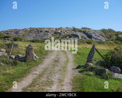 Landschaftsfoto einer unbefestigten Straße mit zwei alten Steintorpfosten auf dem Land Schwedens Stockfoto