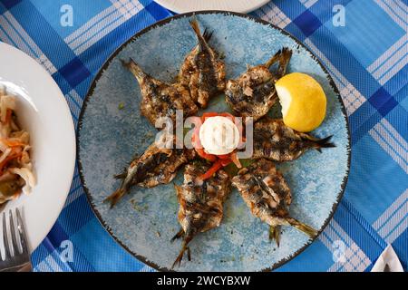 Gegrillte Sardinen mit Zitronenscheibe, Tomaten und Joghurt auf dem Gericht Stockfoto