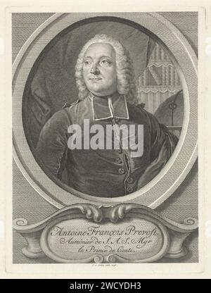 Portret Van Antoine Franis Prevost, Jacob Van the Skley, nach Georg Frodrich Schmipped, 1746 Druck Portrait des französischen Autors Antoine Francois Prevost, auch bekannt als Abbé Prévost. Er ist mit BEF in Toga gekleidet. Ein Bücherregal im Hintergrund. In der Kartusche befinden sich Name und Titel. Amsterdamer Papier-Ätz-/Gravurstudie; 'studiolo'; Bibliothek Stockfoto