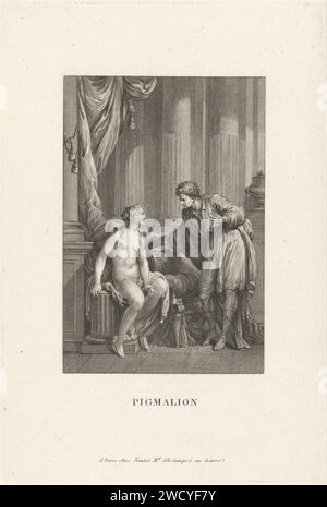 Pygmalion spricht mit Galatea, Emmanuel Jean Nepomucene de Ghendt, nach Charles Joseph Dominique Eisen, 1748–1815 Druck Galatea, die lebende Statue von Pygmalion, sitzt auf einer Säule. Pygmalion ist neben ihr und stellt ihr ein paar Fragen. Der Abdruck ist Teil einer Serie über die Geschichte von Pygmalion. Paris Papiergravur Pygmalion verliebt sich in die Statue, die er geschnitzt hat. Gespräch, Dialog; Gesprächsstück Stockfoto