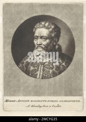 Porträt von Michelangelo Buonarroti, Abraham Blotling, 1652–1690 Druck Porträt des italienischen Malers, Bildhauers, Architekten und Dichters Michelangelo di Lodovico Buonarroti Simoni. Amsterdamer Papierstich Stockfoto