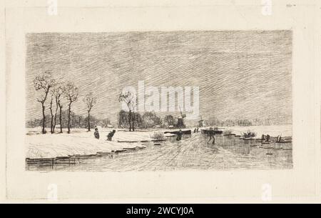 Skater in einer holländischen Landschaft, Elias stark, 1887 Printskater auf einem Speed. Auf der linken Seite kommen zwei Skater aus einem Graben. Zwei Mühlen in der Entfernung. Nieuwer-Amstel Papierätzung / Stiftwindmühle im Querformat. Skates (Wintersport) Stockfoto