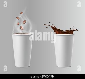 Abbildung eines realistischen 3D-Vektorsymbols. Kaffeetassen aus weißem Papier mit Kaffeespritzern und Kaffeebohnen. Stock Vektor