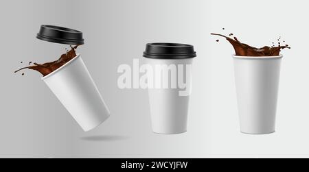 Abbildung eines realistischen 3D-Vektorsymbols. Papierkaffeetassen wurden mit Kaffeespritzern geöffnet und geschlossen. Stock Vektor