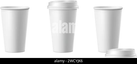 Abbildung eines realistischen 3D-Vektorsymbols. Kaffeetassen aus weißem Papier mit und ohne Deckel. Isoliert auf weißem Hintergrund. Stock Vektor