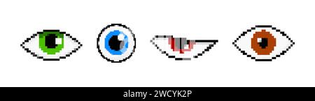 Pixelaugen eingestellt. Grüne Pupille mit rotem und rundem Blau Stock Vektor