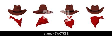Cowboy Masken Vorlage. Wilder westlicher krimineller brauner und roter Bandana-Hut Stock Vektor