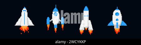 Pixel-Raumschiffe und Raketen gesetzt Stock Vektor