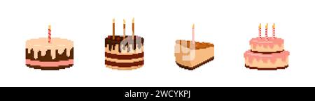 Pixel Geburtstagskuchen mit Kerzen Set Stock Vektor