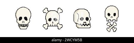 Pixelschädel mit Kreuzknochen gesetzt Stock Vektor