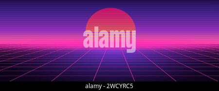 Synthetischer, purpurpurroter futuristischer Hintergrund. Geometrisches Neon-Gitterlicht Stock Vektor