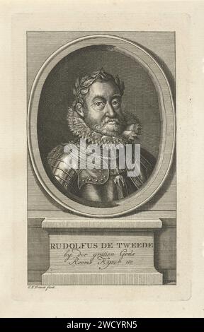 Porträt von Rudolf II. Von Habsburg, deutscher Kaiser Christian Friedrich Fritzsch, 1786 Druck Porträt-Büste im Oval von Rudolf II. Von Habsburg, deutscher Kaiser, bejubelt, in Gurtzeug, an dem das Symbol des Ordens vom Goldenen Vlies hängt. Unter dem Oval sind sein Name und sein Titel auf einem Sockel aufgeführt. Papierätzung Ritterorden des Goldenen Vlies Stockfoto