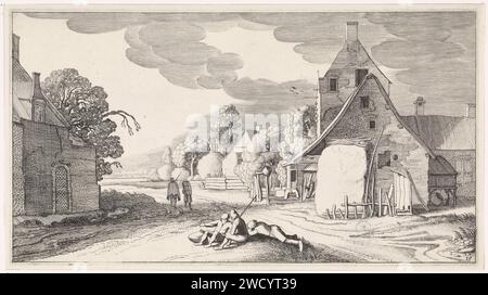 Ruhende Bauern entlang einer Straße in einem Dorf, Jan van de Velde (II), 1639 - 1641 Druck ruhende Bauern entlang einer Straße in einem Dorf. Rechts ein Heuhaufen für ein Haus. Zwei Reisende auf der Straße. 15. Auflage einer Serie mit 36 Landschaftsdrucken, verteilt auf sechs Teile. Nord-Niederlande Papierätzung ruhend - BB - draußen. Öffentliche Straße im Dorf. Heu-Stapel Stockfoto