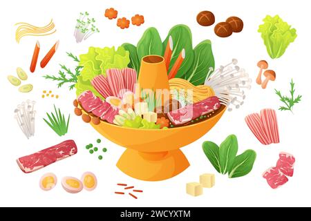 Chinesisches Essen, Hot Pot Set. Dampfboot voll von Gourmet Schweine- und Rindfleisch Fleisch und Gemüse Zutaten Sammlung, scharfe Sauce zum Kochen traditioneller Gericht von Réunion Abendessen Cartoon Vektor Illustration Stock Vektor