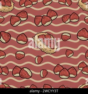 Nahtloses Kastanienmuster im Cartoon-Stil. Perfekt für Hintergrund-, Hintergrund-, Hintergrund- und Deckblattverpackungen. Vektorabbildung. Stock Vektor