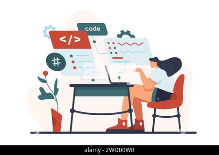 Software, Backend-Entwicklung, Arbeitsprozess mit Programmcode. Frau, die Anwendungssystem entwickelt, professionelle weibliche Ingenieurin und Programmierfigur, die mit Laptop-Cartoon-Vektor-Illustration arbeitet Stock Vektor