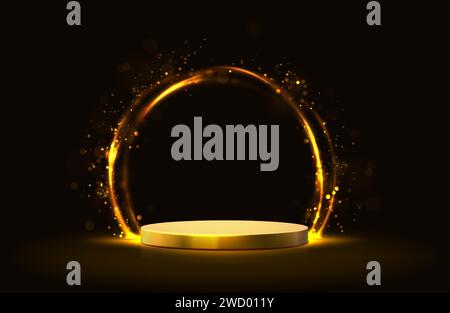 Vektor leuchtender goldener Kreis mit Glitzern und goldenem Podium. Stock Vektor