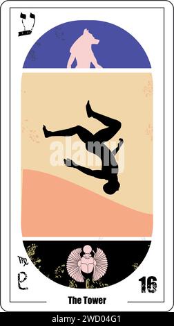 Ägyptische Tarotkarte Nummer 16, genannt Turm. Silhouette eines herabfallenden Menschen. Stock Vektor
