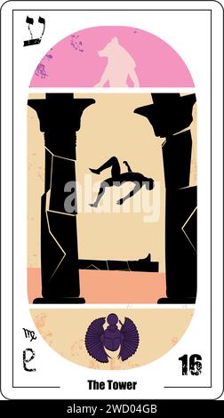 Ägyptische Tarotkarte Nummer 16, genannt Turm. Silhouette eines herabfallenden Menschen. Stock Vektor