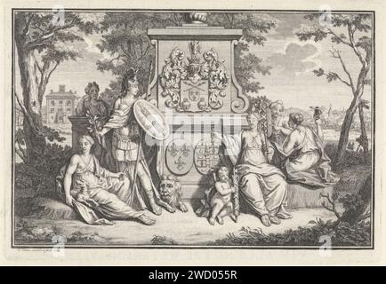 Allegorische Darstellung als Hommage an Ferdinand van Collen, Frederik Ottens, 1724 Print allegorische Frauenfiguren sind allegorische Frauenfiguren um ein Denkmal mit Familienwappen der Gattung Collen und Wappen. Richtige Gerechtigkeit mit ihrem Amor, der eine Phase trägt. Hinter der Justiz eine Frau, die das Stadtwappen von Amsterdam zeigt. Links im Hintergrund ein Landgut, rechts eine Schlacht. Hommage an Ferdinand van Collen. Amsterdam Papierätzung / Gravur Justitia (Justice) als römische Personifikation Amsterdam Stockfoto