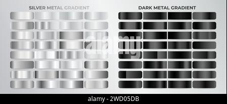 Schwarz und Silber Verlaufsset, verschiedene glänzende silbrige und dunkle Muster. Hintergrund mit silberner und schwarzer Texturabstufung. Stock Vektor