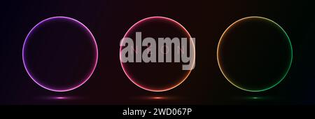 Set von leuchtenden Neon-Farbe Kreise runde Kurvenform mit welligen dynamischen Linien isoliert auf schwarzem Hintergrund Technologie-Konzept. Runder Leuchtrahmen Stock Vektor