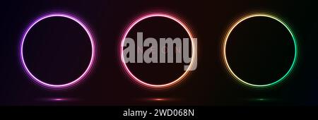 Set von leuchtenden Neon-Farbe Kreise runde Kurvenform mit welligen dynamischen Linien isoliert auf schwarzem Hintergrund Technologie-Konzept. Runder Leuchtrahmen Stock Vektor