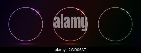 Set von leuchtenden Neon-Farbe Kreise runde Kurvenform mit welligen dynamischen Linien isoliert auf schwarzem Hintergrund Technologie-Konzept. Runder Leuchtrahmen Stock Vektor