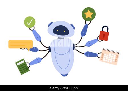Effiziente KI-Technologie für Produktivität, Innovationssystem und Service für Arbeitseffizienz. Automatisierung und Roboterunterstützung durch Multitasking Roboter mit vielen Händen Cartoon Vektor Illustration Stock Vektor