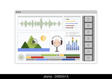 Software für Filmproduktion und Videomontage. Fensterschnittstelle zur Bearbeitung von Filmprojekten mit Kopfhörern und Mikrofon, Timeline-Animation und visuellen Werkzeugen in der Comic-Vektor-Illustration des Programmeditors Stock Vektor