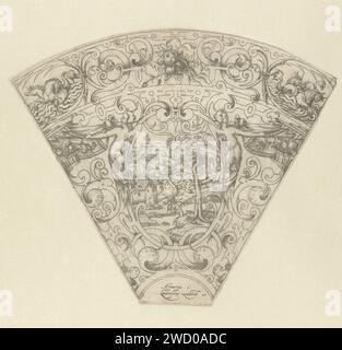 Fächerförmiges Segment mit einer Landschaft in einem Oval, anonym, nach Paul Flind (de Jonge), 1594–1635 Druck Oval Zwischen zwei Engeln. Der Rand oben enthält zwei kleine Ovale mit Seepferdchen. Leidenschaftliche Kopien der unter Orn Cat I-324.a. erwähnten Serie Titelseite und 14 teilweise nummerierte Blätter aus einer Serie von 25. Nach Entwurf von: Deutschland (möglicherweise) Verlag: Nordholland (möglicherweise) Papier Stockfoto