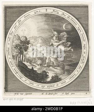 Vierter Tag der Schöpfung: Gott erschafft Sonne, Mond und Sterne, Nicolaes de Bruyn, nach Maerten de Vos, 1581 - 1656 Drucken Vierter Tag der Schöpfung: Gott erschafft Sonne, Mond und Sterne und trennt so Licht von Dunkelheit. In Medaillon mit einem lateinischen Bibeltext aus 1. Mose, innerhalb eines rechteckigen Rahmens. Niederlande Papierstich Kreation von Sonne, Mond und Sternen Stockfoto