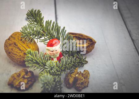 Walnuss (Juglans regia), Walnüsse mit Tannenzweigen und Weihnachtsmann Stockfoto