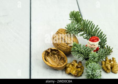 Walnuss (Juglans regia), Walnüsse mit Tannenzweigen und Weihnachtsmann Stockfoto