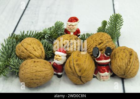 Walnuss (Juglans regia), Walnüsse mit Tannenzweigen und Weihnachtsklauseln Stockfoto