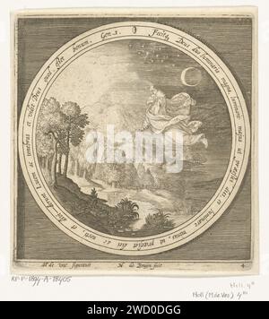 Vierter Tag der Schöpfung: Gott erschafft Sonne, Mond und Sterne, Nicolaes de Bruyn, nach Maerten de Vos, 1581 - 1656 Drucken Vierter Tag der Schöpfung: Gott erschafft Sonne, Mond und Sterne und trennt so Licht von Dunkelheit. In Medaillon mit einem lateinischen Bibeltext aus 1. Mose, innerhalb eines rechteckigen Rahmens. Niederlande Papierstich Kreation von Sonne, Mond und Sternen Stockfoto