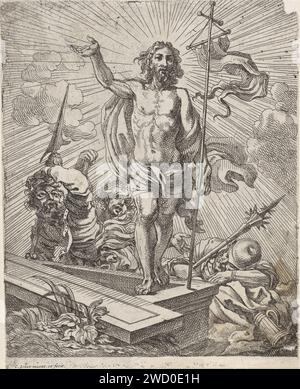 Auferstehung, Cornelis Schut (I), 1618–1655 Druck Christus ist auf dem geöffneten Grab. In seiner Hand hat er ein Siegesbanner. Zwei Soldaten sehen ihn an, ein dritter schläft. Papier, das Christus auf oder in der Nähe des Grabes graviert  Ereignisse nach der Auferstehung Stockfoto