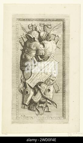 Waffentrophäe auf der Tafel mit Eierliste, Hubert Quellinus, nach Artus Quellinus (I), 1719 Blatt lxxxv. Blatt Q [2] in den Ausgaben von 1665 und 1668. Dritte Ausgabe. Amsterdamer Papierätzung Stockfoto