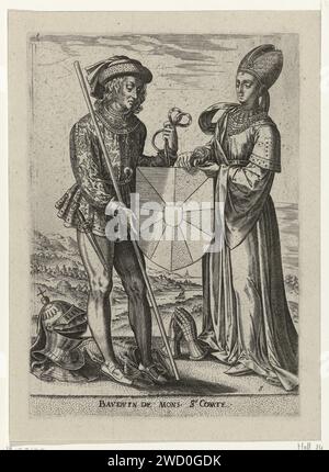 Porträt von Boudewijn VI., Grafen von Flandern und Richilde, Gräfin von Hennegau, Peeter Baltens, 1584 Druck Boudewijn, der sechste Graf von Flandern, zusammen mit seiner Frau Richilde, der Gräfin von Hennegau. Sie tragen das ehemalige Wappen von Flandern. Der Druck dient als Illustration in einem Buch über die Geschichte der Gräber von Flandern. Antwerpener Papiergravur Stockfoto