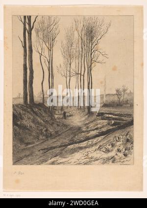 Landweg bei Vilvoorde, Carel Nicolaas Storm van 's-Gravesande, ca. 1872 Druck Baumstämme befinden sich im Vordergrund am Straßenrand. Im Hintergrund läuft ein Hirte mit einer Schafherde. Papierätzstraße, Pfad. Herde, Herde Vilvoorde Stockfoto