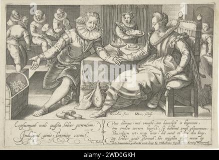 Verspilling in der Ehe, Gillis van Breen, nach Karel van Mander (I), ca. 1595 - ca. 1605 drucken ein elegant gekleidetes junges Paar genießt das Leben. Mann und Frau sitzen am Tisch und werden operiert. Im Hintergrund spielt eine Gruppe von Musikern für sie. Der Mann zeigt auf einen Sarg voller Münzen, um zu zeigen, dass es genug Geld gibt. Die Frau zog ihre Schuhe aus und lehnte sich in einem bequemen Stuhl zurück. Druckerei: Niederlande Design von: Haarlempublisher: Amsterdam Papier graviert die Reichen. Reichtum, Opulenz; „Opulenza“, „Richezza“ (Ripa). Glückliche Ehe. Kleidung, Kostüm (+ Herrenkleidung). Kleidung, Kostüm Stockfoto