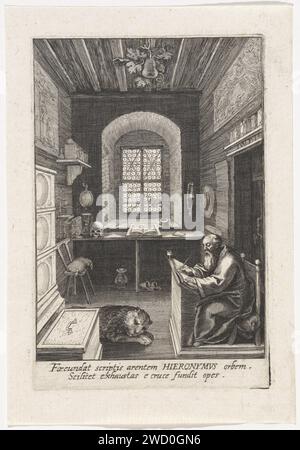 H. Hieronymus, Wierix (evtl.), 1550–1650 Druck der heilige Hieronymus sitzt an seinem Schreibtisch in einem Arbeitszimmer. Sein Attribut de Leeuw ist vor ihm. Auf dem Tisch vor dem Fenster, unter anderem eine offene Bibel, ein Schädel und eine Sanduhr. Über der Tür des Abflugs: „I.W.P.F.“. Antwerpen Papiergravur St.. Jerome als Doktor der lateinischen Kirche in seinem Arbeitszimmer mit Buch, Stift und Tinte; Löwe und Kardinalhut neben ihm Stockfoto