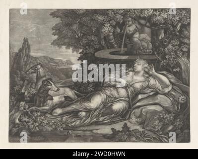 Slapende Diana, anonym, 1662 - 1726 Druck in einer baumreichen Landschaft schläft Diana, die Göttin der Jagd, an einem Brunnen. Es gibt zwei Jagdhunde an ihren Füßen. Papier (Geschichte von) Diana (Artemis). Jagdhunde. Landschaften Stockfoto