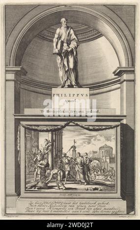 Apostel Filippus, Jan Luyken, nach Jan Goeree, druckte 1698 den Apostel Filip mit einem Buch in seinen Händen. Philip ist auf einem Sockel, auf dem seine Folter auf der Vorderseite dargestellt wurde. In der Mitte drucken: Fol: 305. Amsterdamer Papiergravur des Apostels Philipp; mögliche Attribute: Buch, Kreuz, Schüssel mit Schlange, Lanze, Scroll, Stein, Schwert. Martyrium und Tod Philipps Stockfoto