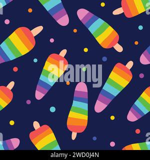 Regenbogen-Popsicle nahtlose Vektormuster auf marineblauem Hintergrund. Eiscreme-Muster für Textilien für Kinder. Vektorabbildung Stock Vektor