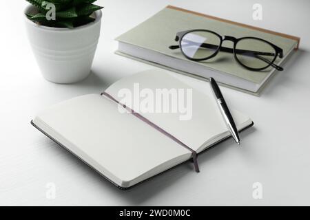 Verschiedene Notizbücher, Stift, Gläser und Pflanzen auf weißem Holztisch Stockfoto